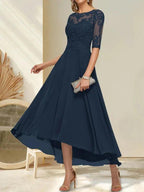 A-line Boat Neck Illusion Asymmetrical Chiffon Lace Mother of the Bride Dress With Sequins Beading by Dreamylily