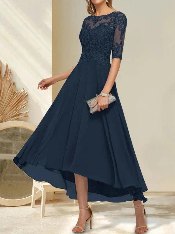 A-line Boat Neck Illusion Asymmetrical Chiffon Lace Mother of the Bride Dress With Sequins Beading by Dreamylily