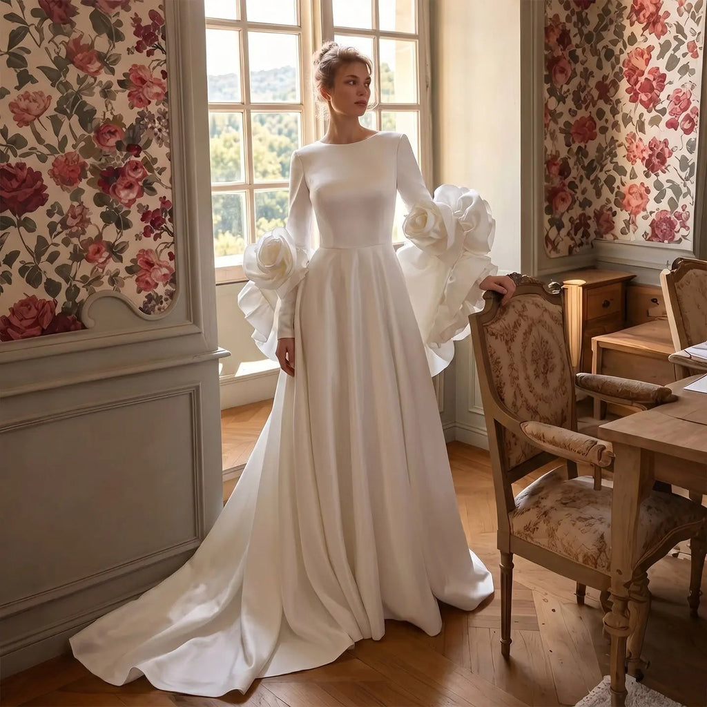 Ivory  Romantic A-Line Satin Wedding Dress 3D Rose Floral With Veil  SW661