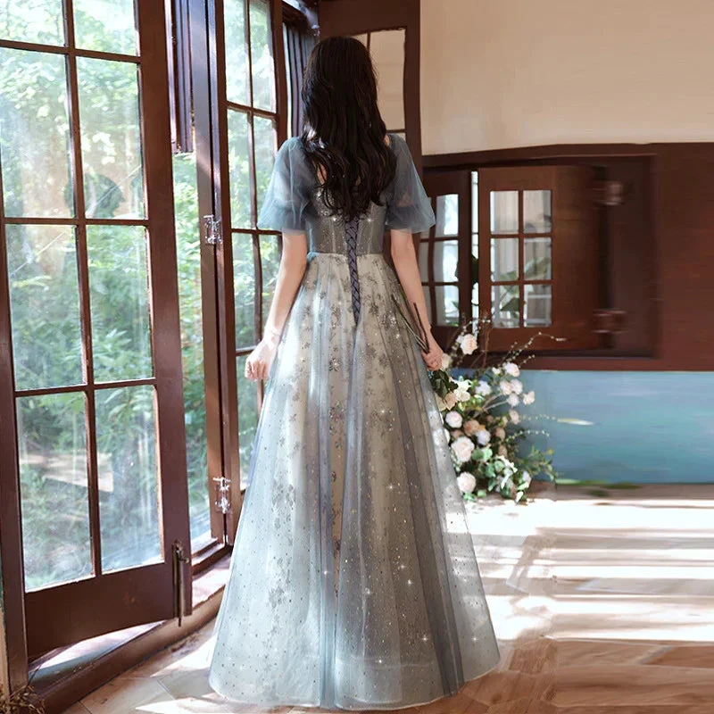 Elegant A-Line Grey Tulle Short Sleeves Long Party Dress, Grey Evening Dress Y1507 by simplepromdress