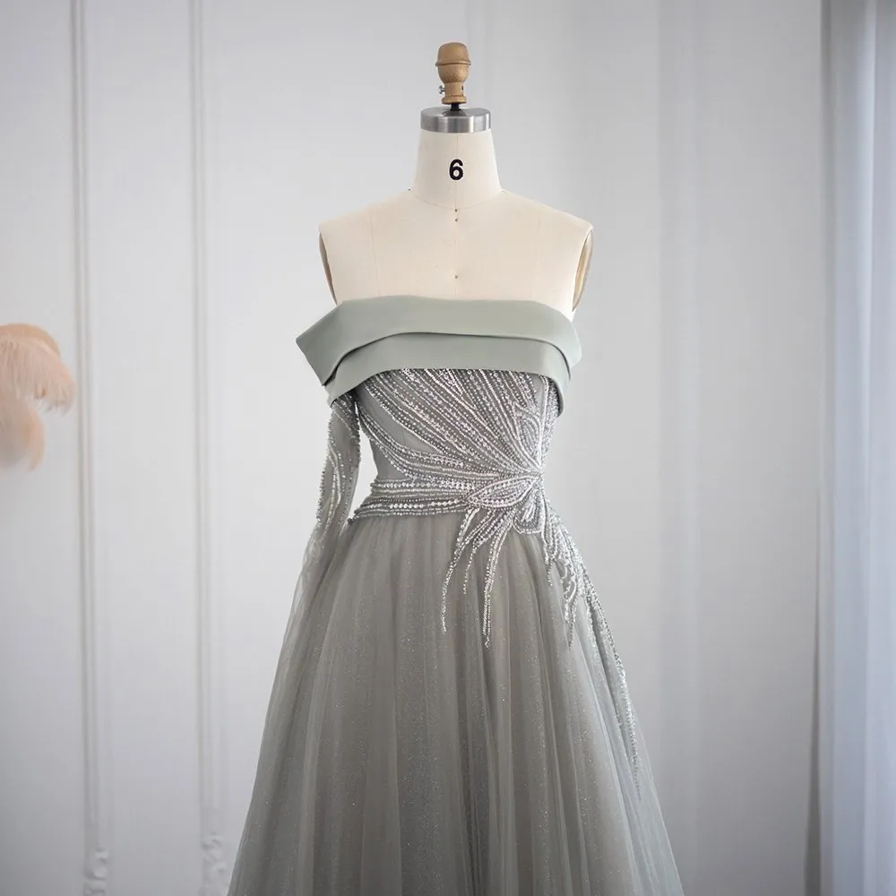Designer A-Linie Off-the-Shoulder Langarm Pailletten Ballkleid