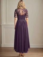 A-line Scoop Illusion Asymmetrical Chiffon Lace Mother of the Bride Dress With Sequins by Dreamylily