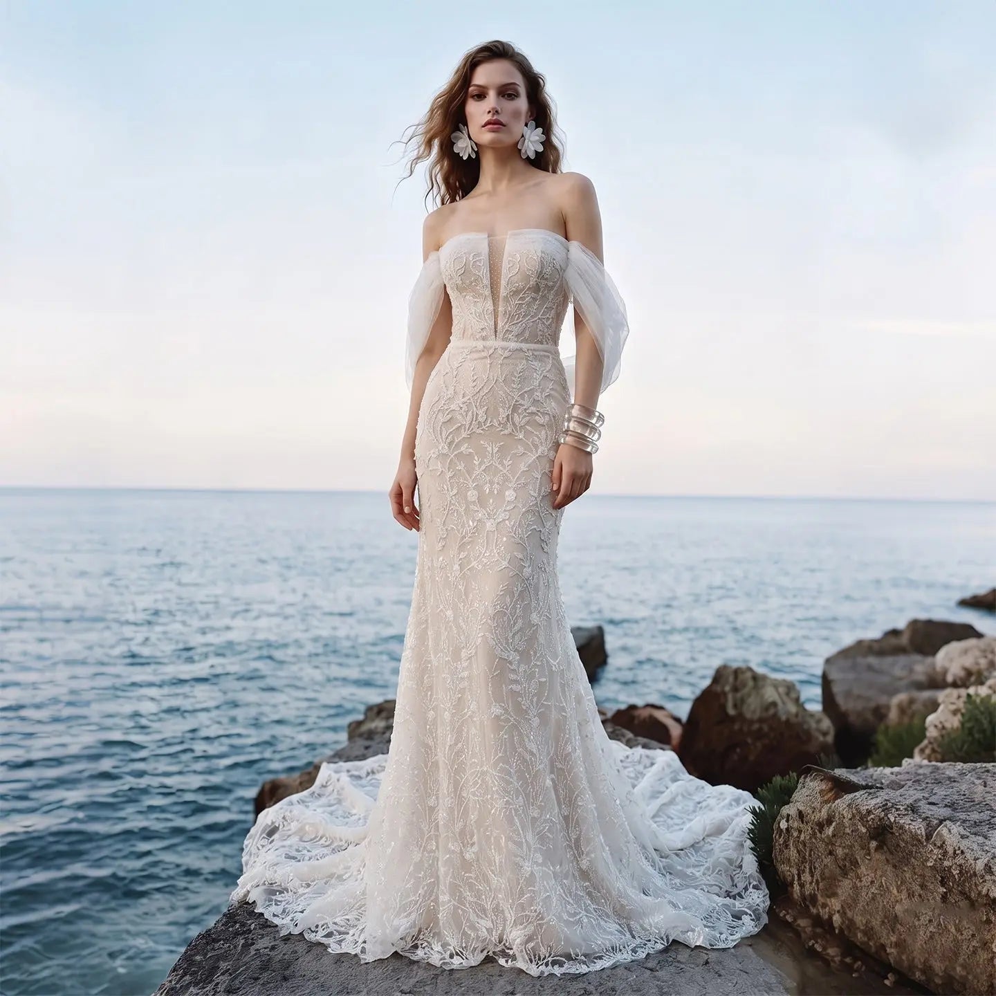 White Nude Lace Mermaid Wedding Dress Luxury Beaded Sequins   Tulle Gloves SW161