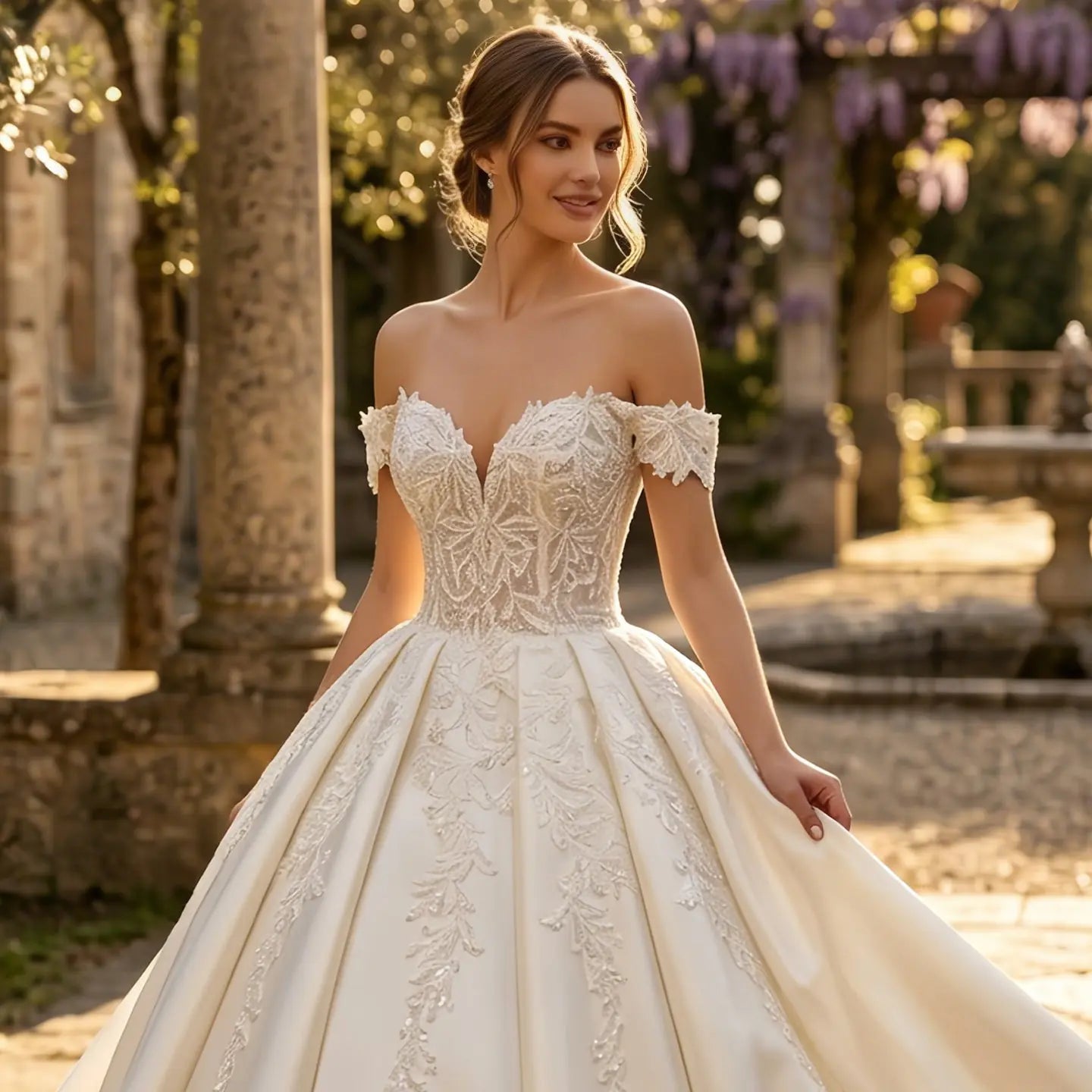 Luxury White Off-the-Shoulder Lace Satin Ball Gown Wedding Dress SW701