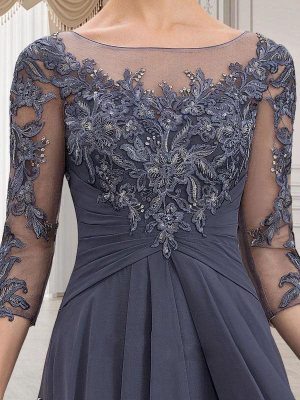 A-line Scoop Illusion Floor-Length Lace Chiffon Mother of the Bride Dress With Cascading Ruffles by Dreamylily