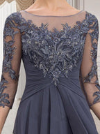A-line Scoop Illusion Floor-Length Lace Chiffon Mother of the Bride Dress With Cascading Ruffles by Dreamylily