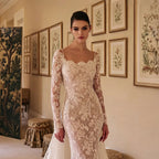 Romantic Ivory Long Sleeve Lace Mermaid Wedding Dress with Overskirt SW228