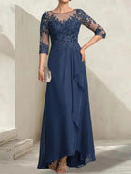 A-line Scoop Illusion Asymmetrical Lace Chiffon Mother of the Bride Dress With Sequins Cascading Ruffles by Dreamylily