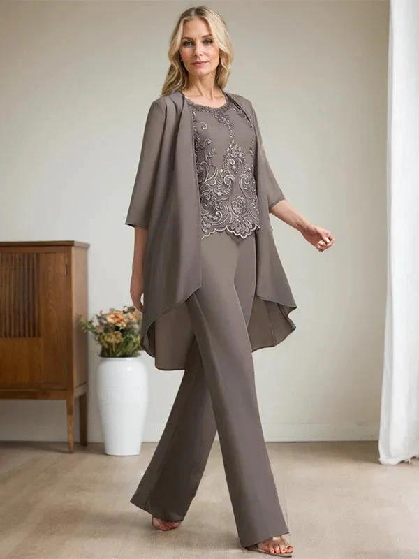 Separates Jumpsuit/Pantsuit Scoop Floor-Length Chiffon Lace Mother of the Bride Dress With Beading Sequins by Dreamylily