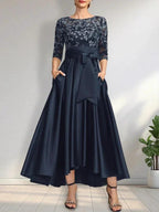 A-line Scoop Illusion Asymmetrical Satin Lace Mother of the Bride Dress With Bow by Dreamylily