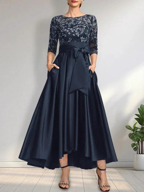 A-line Scoop Illusion Asymmetrical Satin Lace Mother of the Bride Dress With Bow by Dreamylily