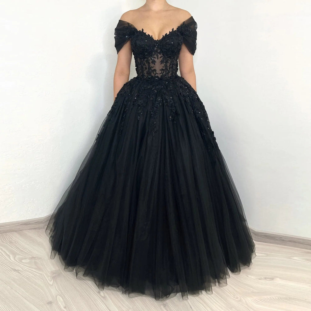 Black Luxury Gothic Wedding Dress  Sheer Corset 3D Floral Tulle  SW556