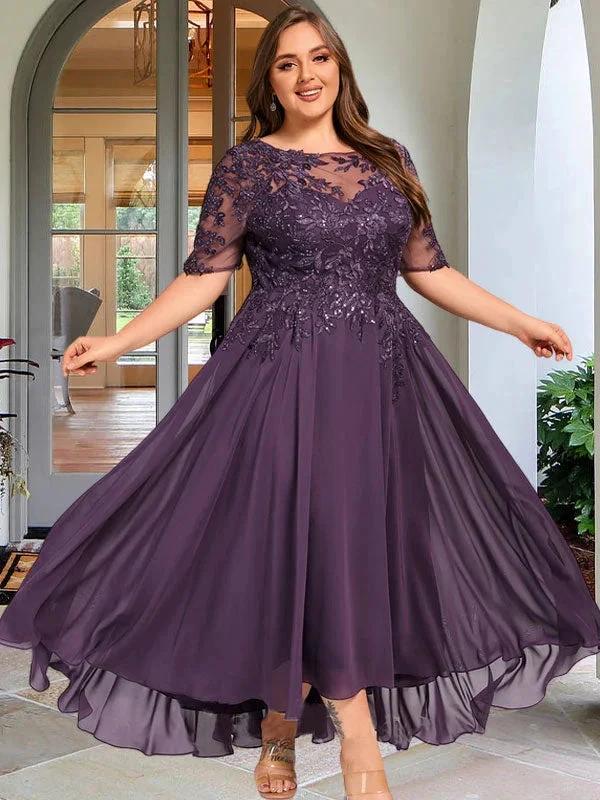 A-line Scoop Illusion Asymmetrical Chiffon Lace Mother of the Bride Dress With Sequins by Dreamylily