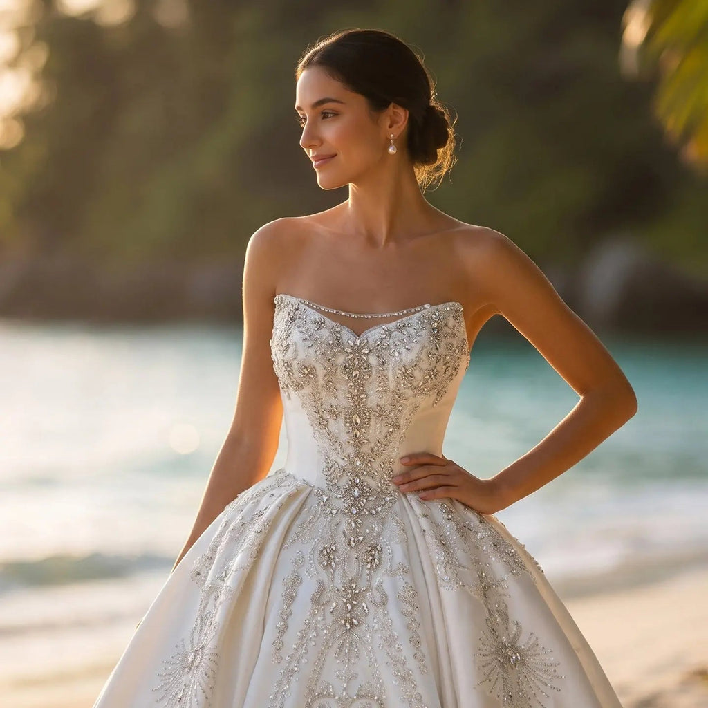 White Satin Strapless Ball Gown Wedding Dress with Luxurious Beaded Lace and Cathedral Train SW676