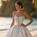 White Satin Strapless Ball Gown Wedding Dress with Luxurious Beaded Lace and Cathedral Train SW676