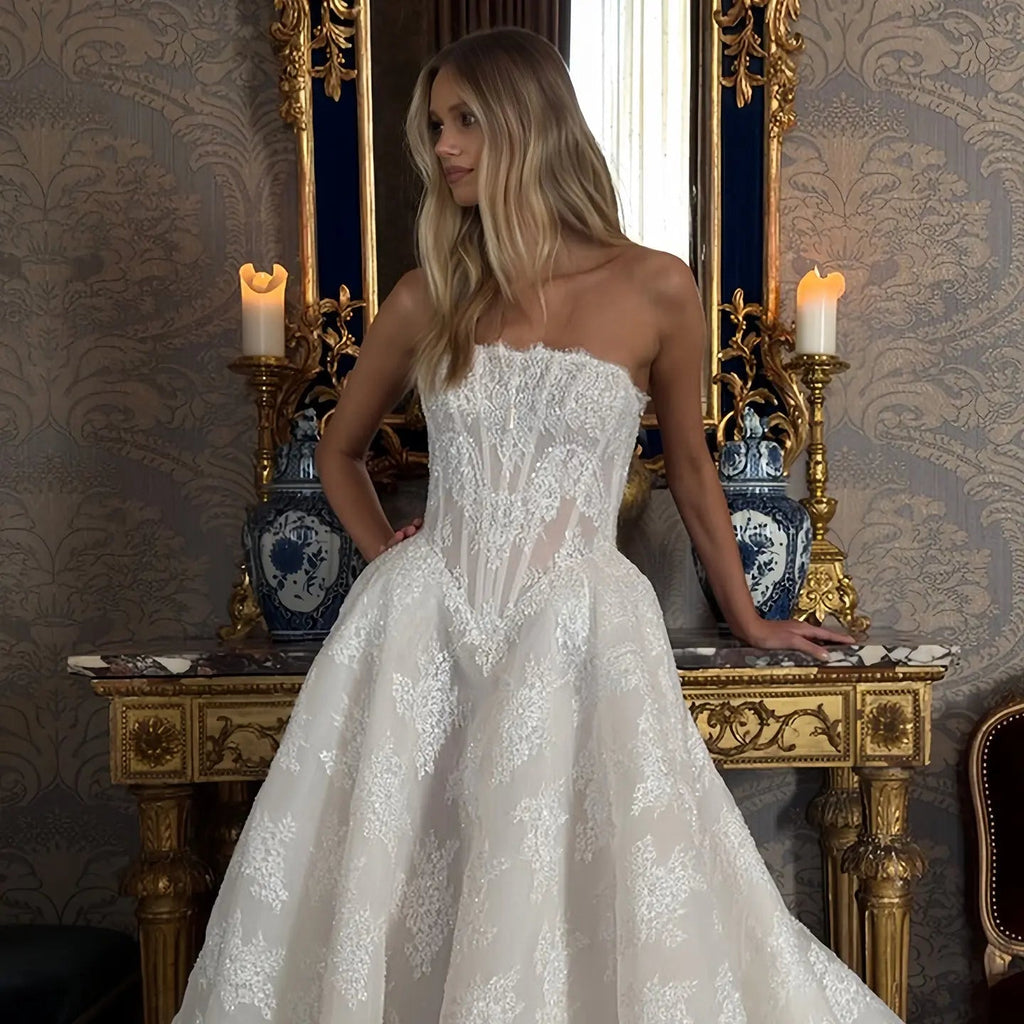 Regal White Strapless Sequin Sheer Lace Ball Gown Wedding Dress SW214