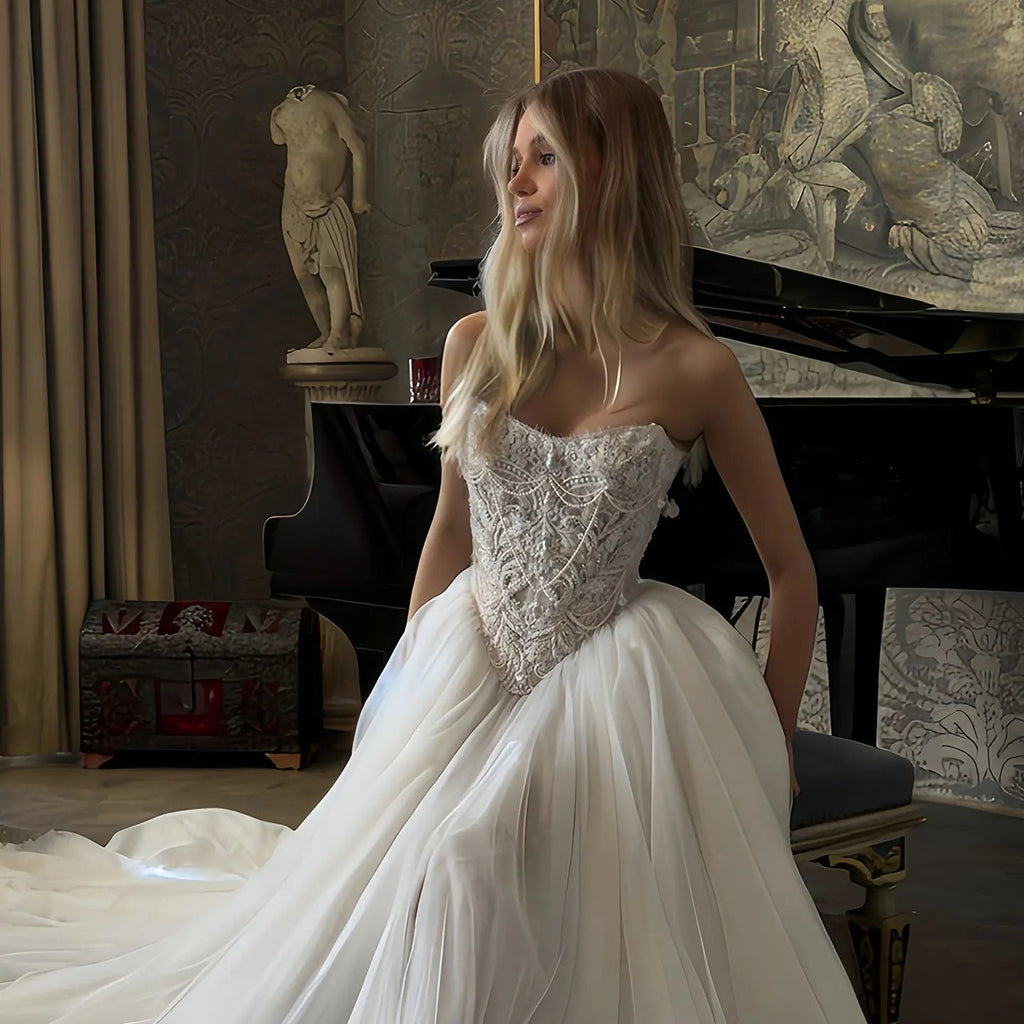Elegant White Strapless Lace Corset Ball Gown Wedding Dress SW217