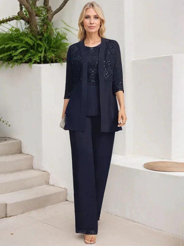 Jumpsuit/Pantsuit Separates Scoop Floor-Length Chiffon Lace Mother of the Bride Dress With Sequins by Dreamylily