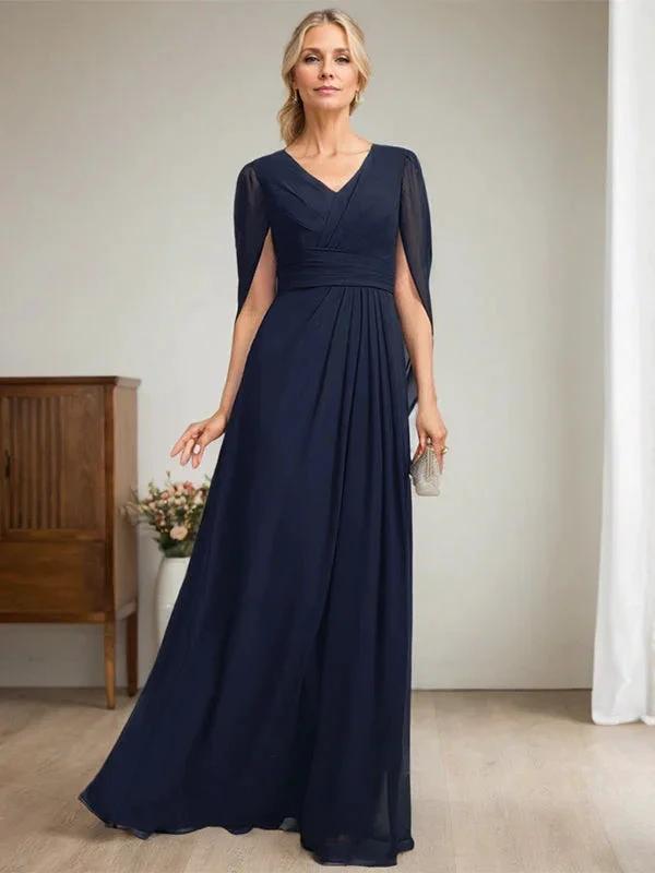 Dark Navy A-Line V-Neck Long Mother of Bride Dress by Dreamylily