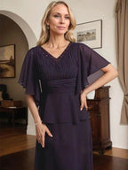 A-line V-Neck Floor-Length Chiffon Mother of the Bride Dress With Pleated Beading by Dreamylily