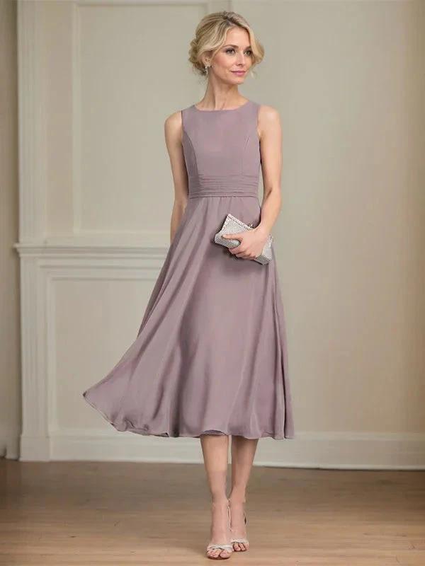 A-line Scoop Tea-Length Chiffon Mother of the Bride Dress With Pleated by Dreamylily