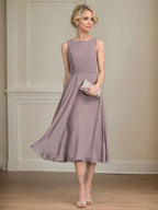 A-line Scoop Tea-Length Chiffon Mother of the Bride Dress With Pleated by Dreamylily