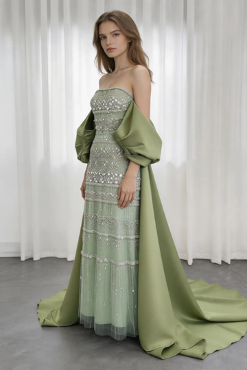 Sage Green Strapless Beaded Evening Gown with Oversized Satin Shawl and Court Train by simplepromdress