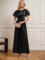 A-line Scoop Ankle-Length Stretch Satin Mother of the Bride Dress With Pleated Beading by Dreamylily
