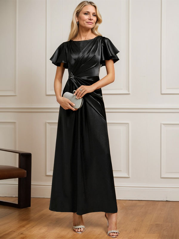 A-line Scoop Ankle-Length Stretch Satin Mother of the Bride Dress With Pleated Beading Main Image