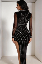 Black Sheer Mesh Rhinestone Bodycon Maxi Dress, High Slit Long Sleeve Party Gown by tangjianjun