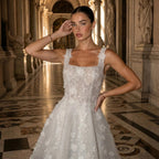Luxury Off White 3D Floral Appliqué Short Wedding Dress with Sparkle Tulle SW722