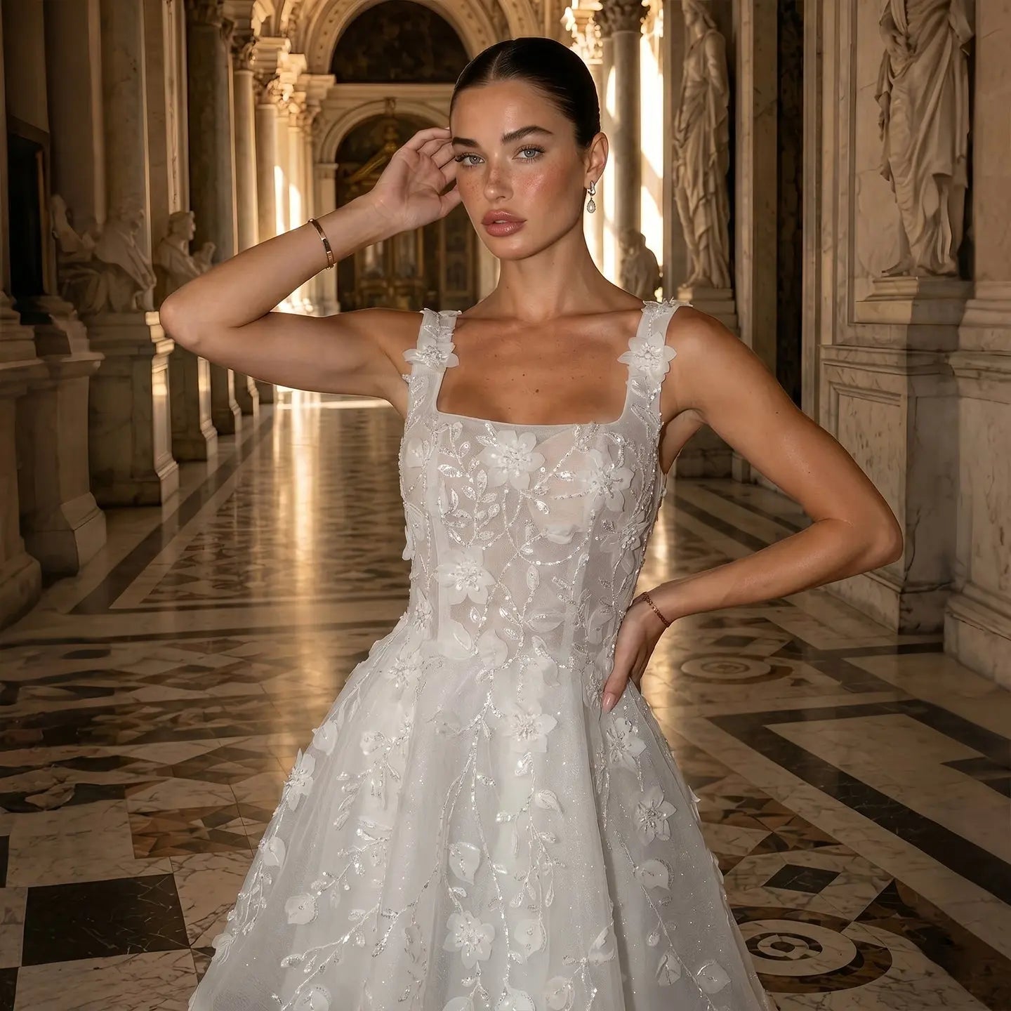 Luxury Off White 3D Floral Appliqué Short Wedding Dress with Sparkle Tulle SW722