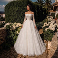 White Lace and Tulle Ball Gown Wedding Dress Off the Shoulder Beaded Bridal Dress SW679
