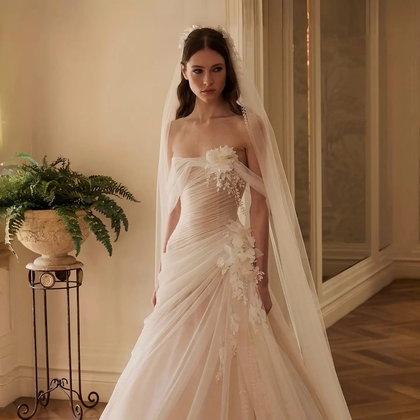 Dreamy Ivory Strapless 3D Floral Draped Wedding Dress with Veil SW232