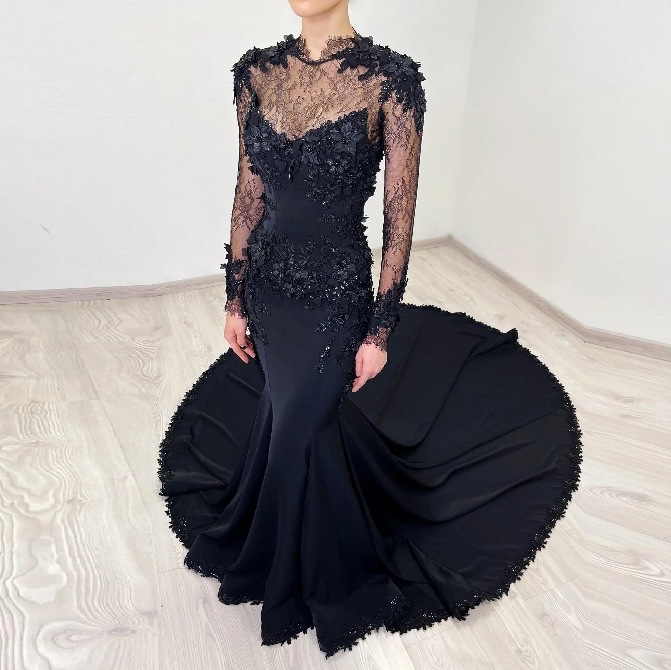 Black Luxury Gothic Wedding Dress Mermaid 3D Floral  With Lace Edge Train SW552