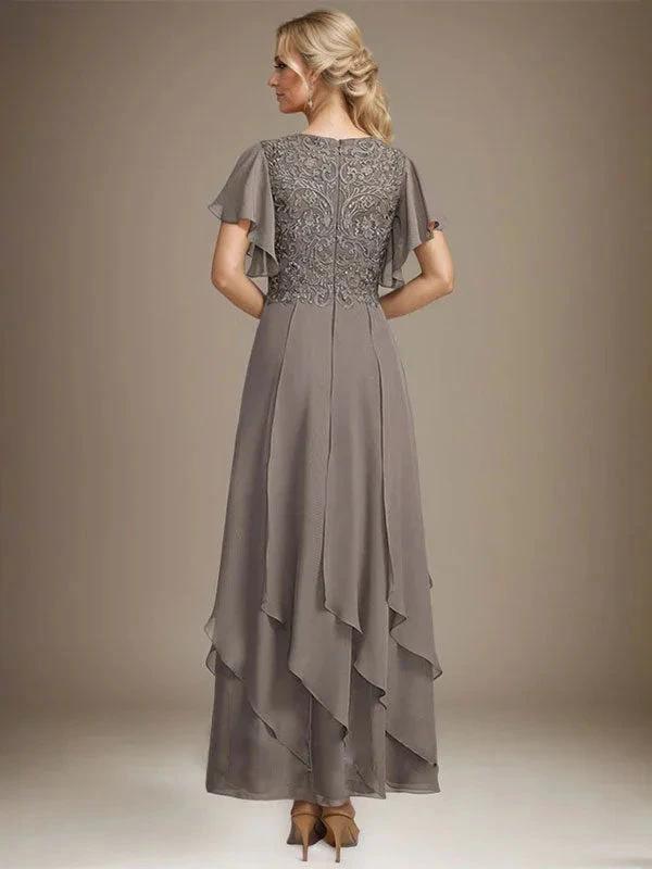 A-line V-Neck Ankle-Length Lace Chiffon Mother of the Bride Dress With Cascading Ruffles by Dreamylily