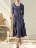 A-line V-Neck Tea-Length Chiffon Lace Mother of the Bride Dress With Beading by Dreamylily