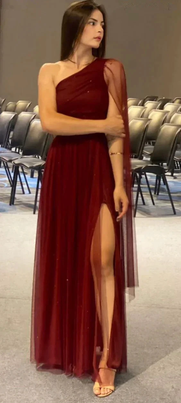 Pretty Burgundy One Shoulder Tulle Sequins Evening Gown Slit Prom Dress Y7826 by simplepromdress