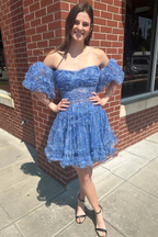 Blue Puff Sleeves Ruffles A-line Prints Homecoming Dress Y2714 by simplepromdress