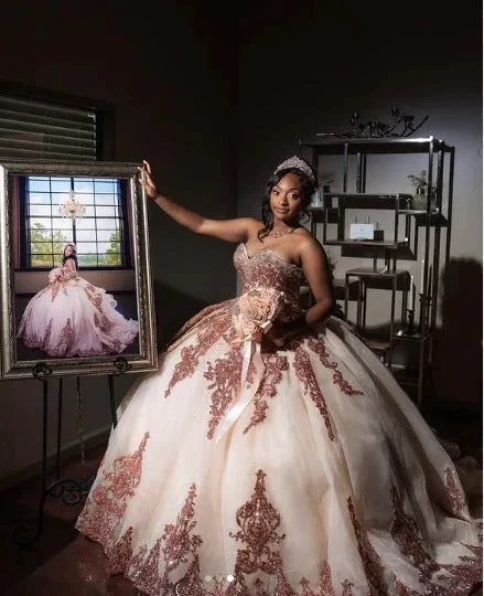 Rose Gold Sweetheart Puffy Princess Ball Gown Sweet 16 Dress Beaded Applique Quinceanera Dresses Y827 by simplepromdress