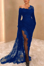 Elegant Black Lace Prom Dress Asymmetric With High Slit Long Evening Dress Y7984 by simplepromdress