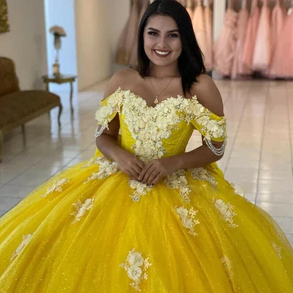 Yellow Ball Gown Quinceanera Dresses Off Shoulder Lace up Back Sweep Train Appliques Beads Y656 by simplepromdress