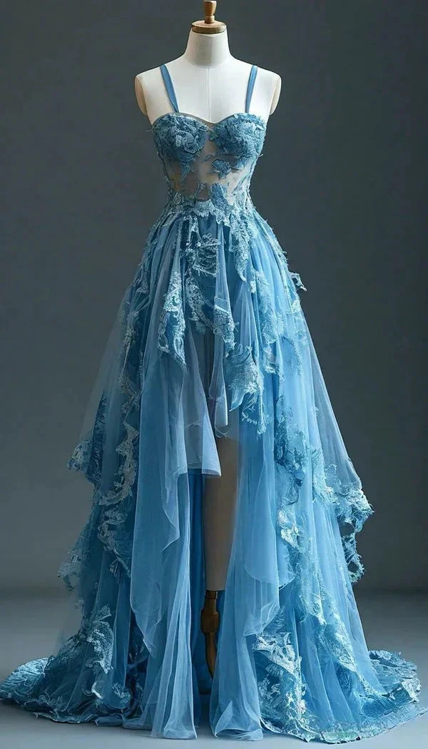 Pretty Blue Lace Tulle Tiered Evening Dress Long A Line Prom Dress Y8027 by simplepromdress