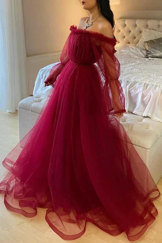 Burgundy Tulle Evening Dress With Long Sleeves Y503 by simplepromdress