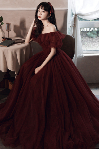 Burgunderrotes schulterfreies Tüll-Ballkleid Abendkleid Y8351