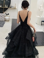 Shiny Black V Neck Prom Dresses, Backless Black V Neck Formal Evening Gown Y1148 by simplepromdress