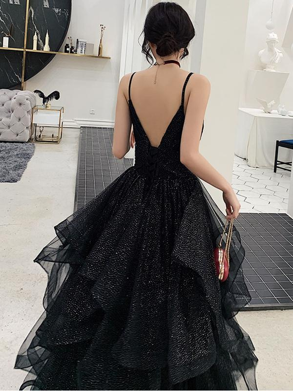 Shiny Black V Neck Prom Dresses, Backless Black V Neck Formal Evening Gown Y1148 Main Image