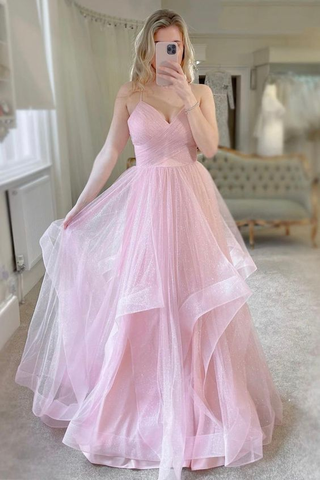 Pink Tulle Long Prom Dresses Sweet A-Line Evening Dresses Y6591