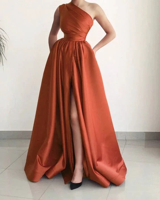 One Shoulder Evening Dresses Satin Split Formal Party Gown with Split Y5494 by simplepromdress