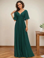 A-line V-Neck Floor-Length Chiffon Mother of the Bride Dress With Sequins Appliques Lace Pleated by Dreamylily